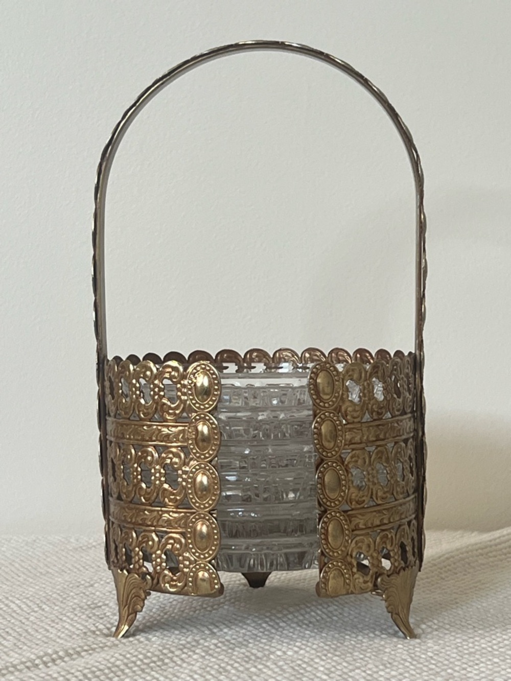 Mid Century Hollywood Regency Pressed Glass Coasters With Brass Stand - Set Of 6